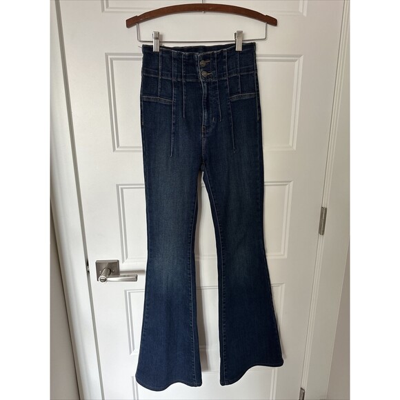 We The Free Size 26 High Rise Flare Leg Dark Blue Denim Jeans Two Button Zipper - Picture 1 of 10